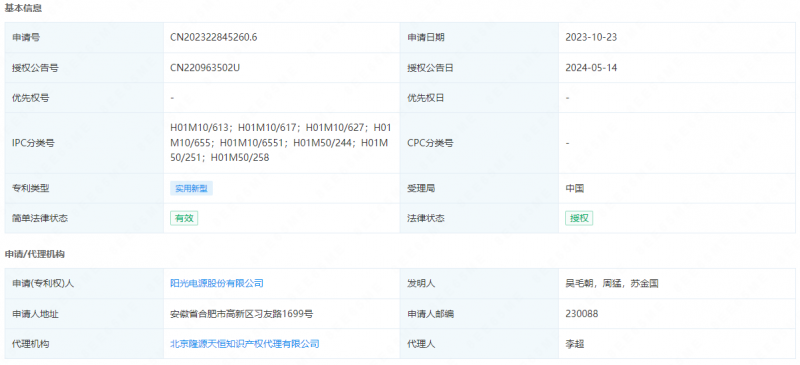阳光电源获得实用新型专利授权：“一种电芯散热结构及储能系统”