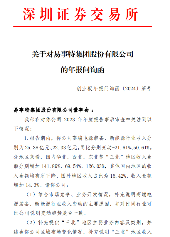 深交所向易事特发出年报问询函