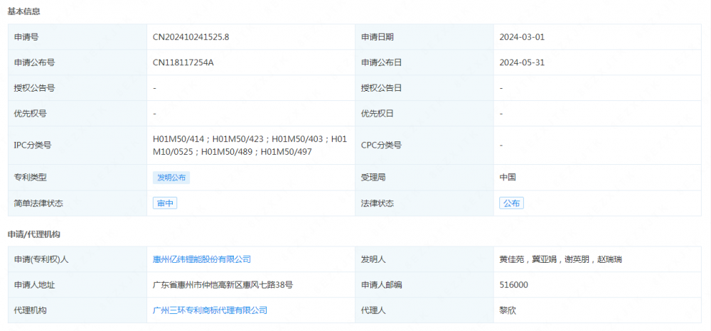 亿纬锂能申请公布一项发明专利：“一种隔膜及其制备方法与锂离子电池”