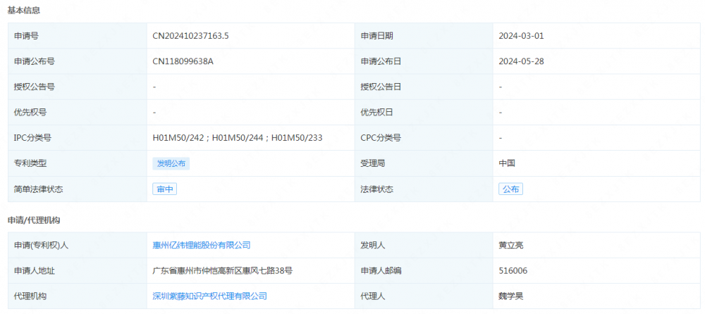亿纬锂能申请公布一项发明专利：“电池箱梁、电池箱体及电池模组”