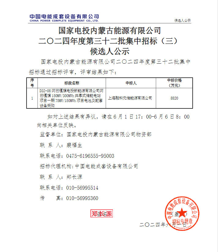 中标 | 0.588元/Wh！融和元储预中标国电投内蒙古阿巴嘎旗75MW/150