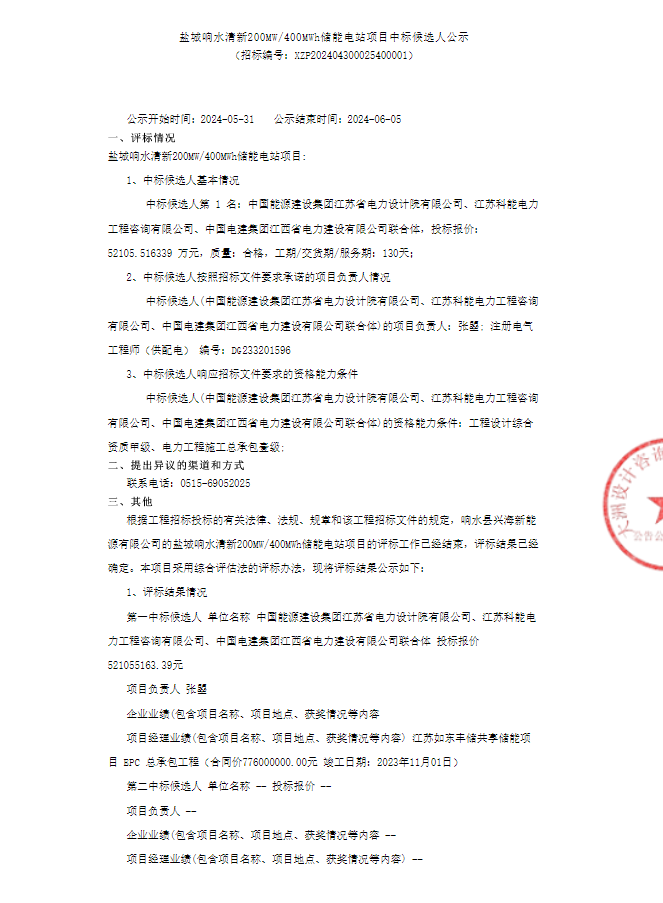 中标 | 1.303元/Wh！中国能建江苏院联合体预中标江苏200MW/400M