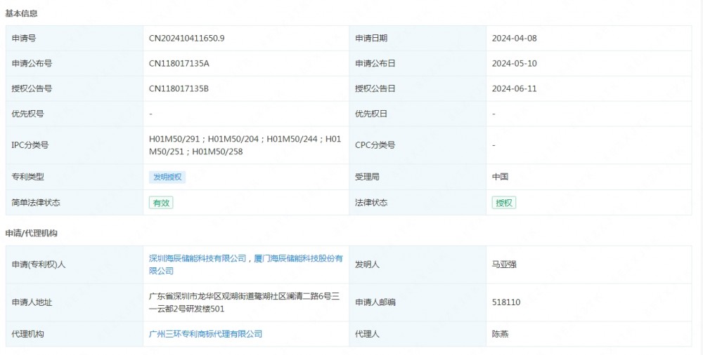 海辰储能申请授权一项发明专利：“限位件、储能装置、用电系统及储能系统”