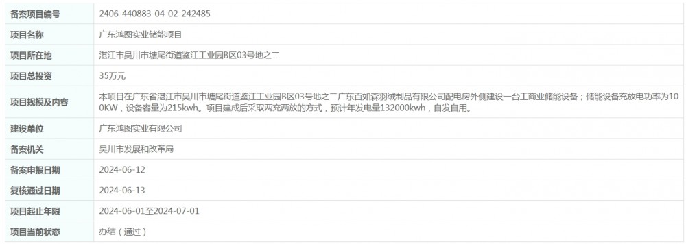 总投资35万元！广东鸿图实业储能项目获备案