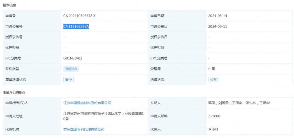 华盛锂电申请发布一项发明专利：“一种同时检测1-丙基磷酸酐、丙基磷酸和丙基磷酸二