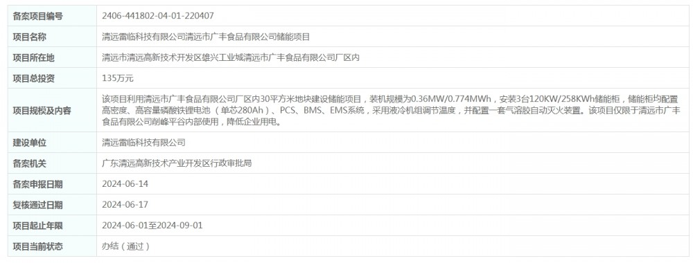 0.36MW/0.774MWh！广东清远市广丰食品有限公司储能项目获得备案