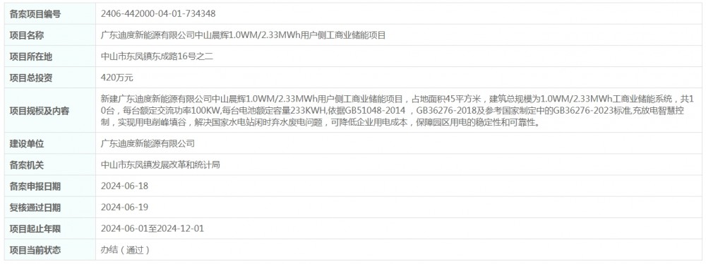 总投资420万元！广东迪度新能源有限公司中山晨辉1.0WM/2.33MWh用户侧
