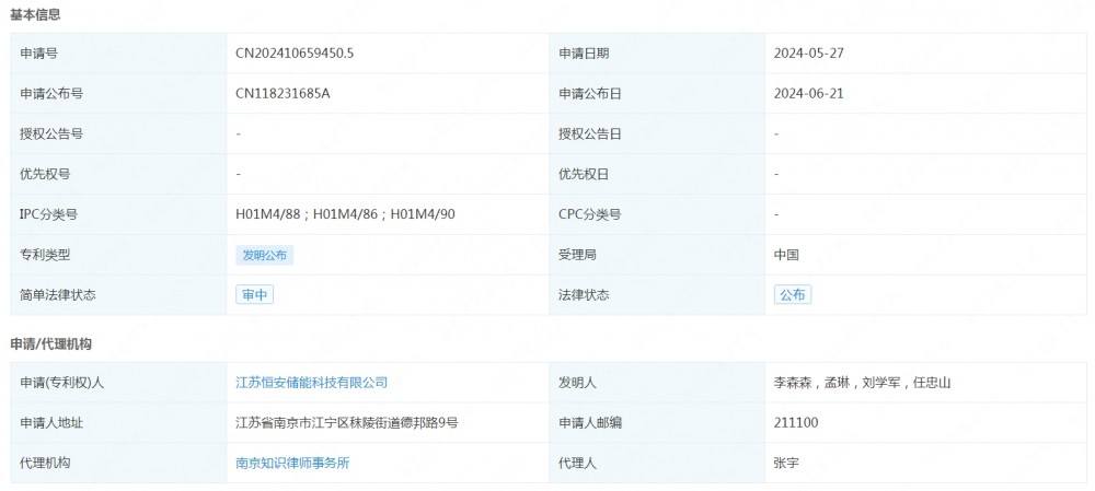 恒安储能申请公布一项发明专利：一种锌溴液流电池高性能电极及其制备方法”