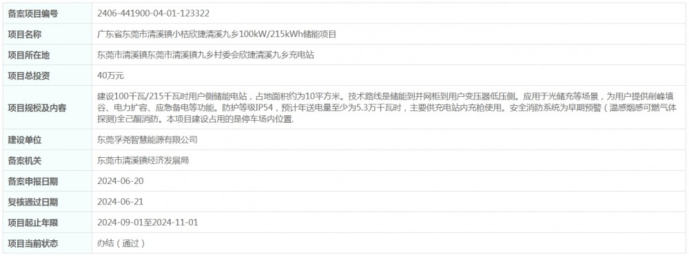 总投资40万元！广东省东莞市清溪镇小桔欣捷清溪九乡100kW/215kWh储能项