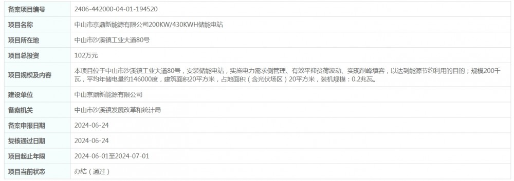 总投资102万元！广东省中山市京鼎新能源有限公司200KW/430KWH储能电站