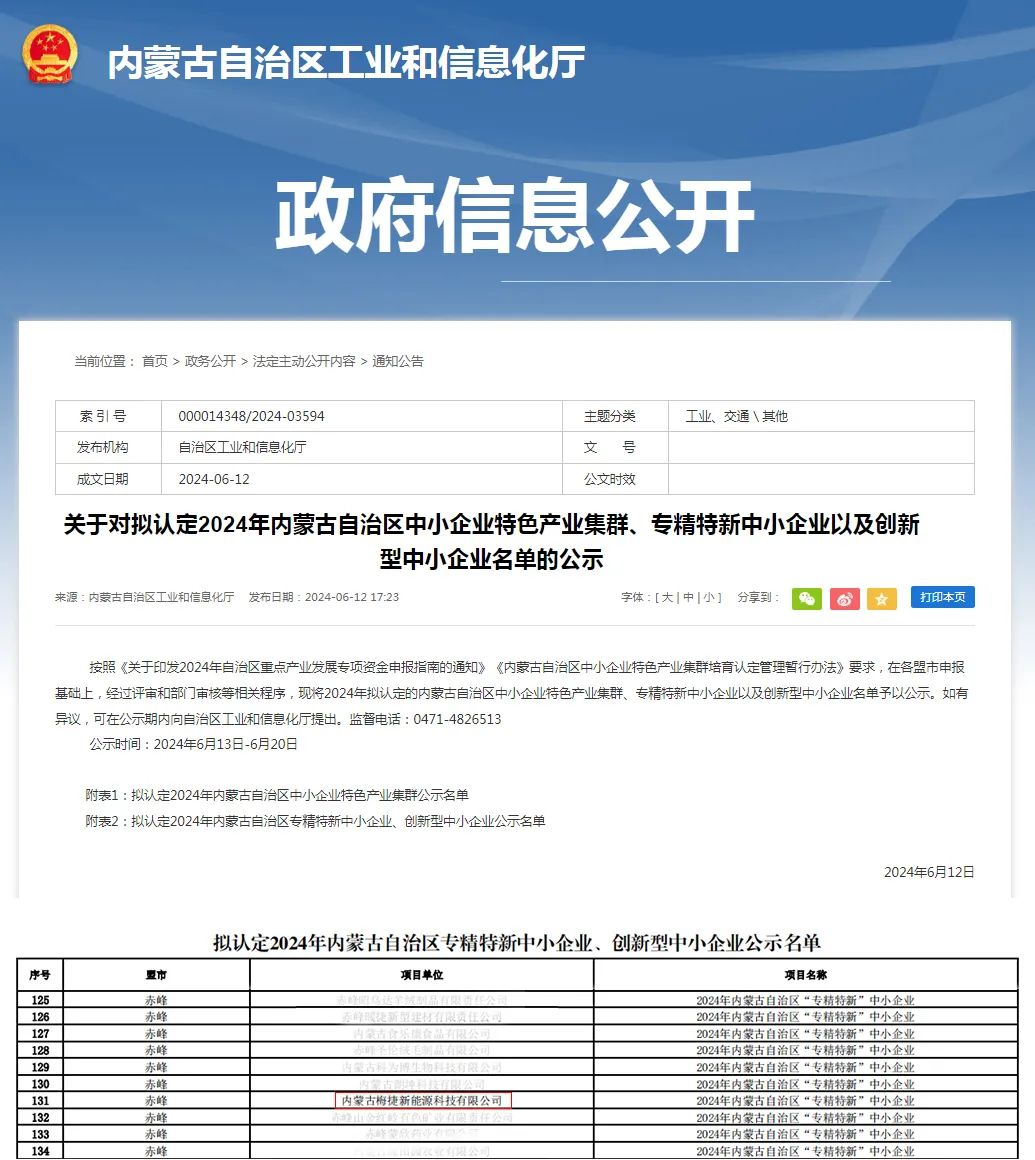 梅捷储能，驱动消纳 | 梅捷新能源:获评内蒙古2024年“专精特新”企业