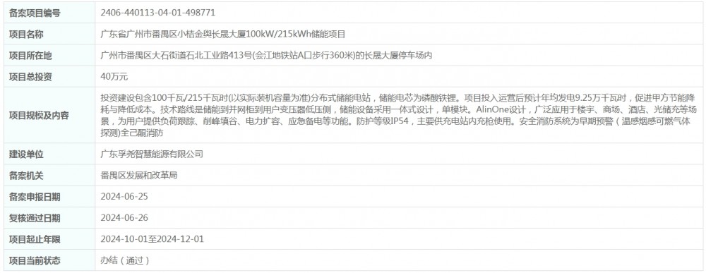 总投资40万元！广东省广州市番禺区小桔金舆长晟大厦100kW/215kWh储能项