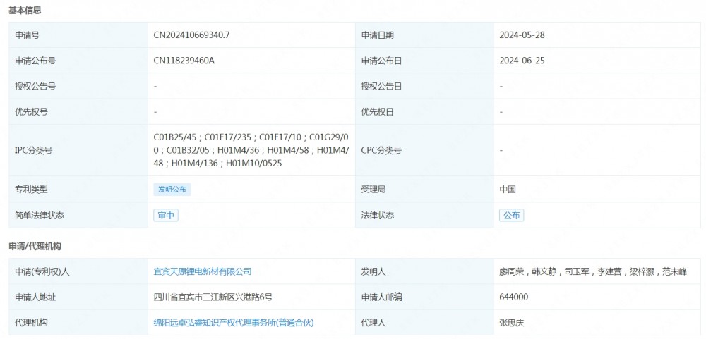 天原锂电申请公布一项发明专利：“一种高压实密度磷酸铁锂正极材料及其制备方法和电池