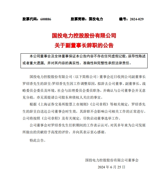 国投电力副董事长罗绍香辞职