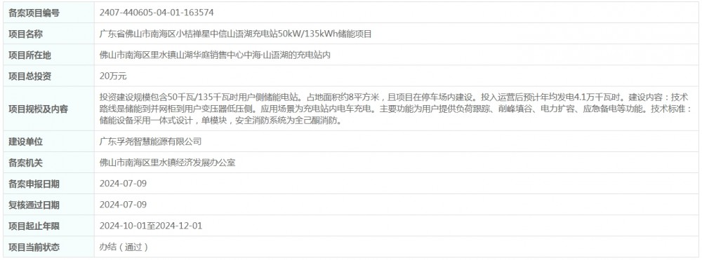 广东省佛山市南海区小桔禅星中信山语湖充电站50kW/135kWh储能项目获备案