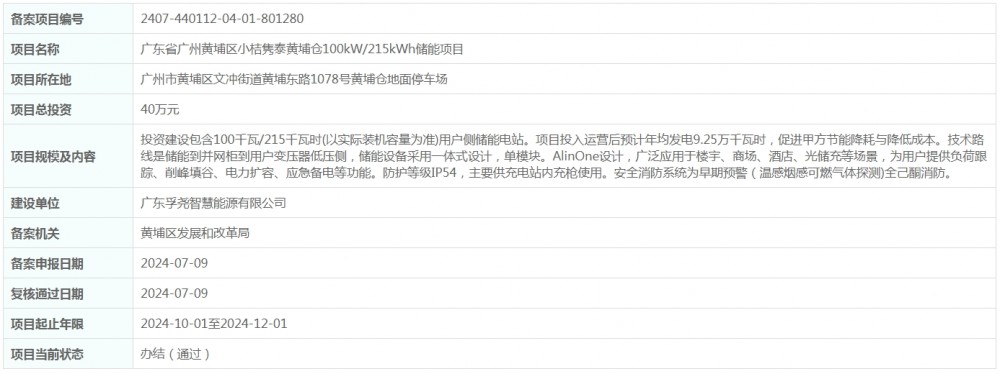 总投资40万元！广东省广州黄埔区小桔隽泰黄埔仓100kW/215kWh储能项目获