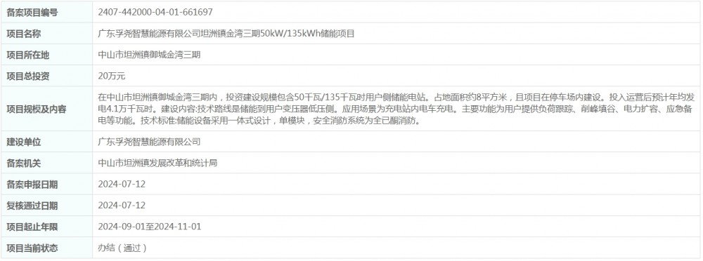 总投资20万元！广东孚尧智慧能源有限公司坦洲镇金湾三期50kW/135kWh储能