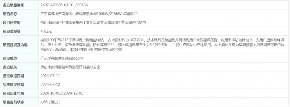 总投资40万元！广东省佛山市南海区小桔鸣电紫金城100kW/215kWh储能项目