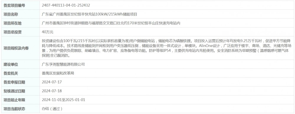 总投资40万元！广东省广州番禺区世纪大学城快充站100kW/215kWh储能项目