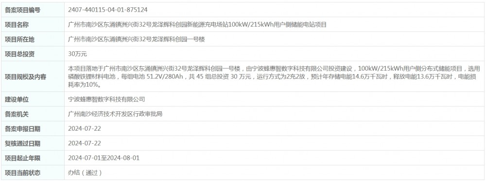 总投资30万元！广东龙泽辉科创园新能源充电场站100kW/215kWh用户侧储能