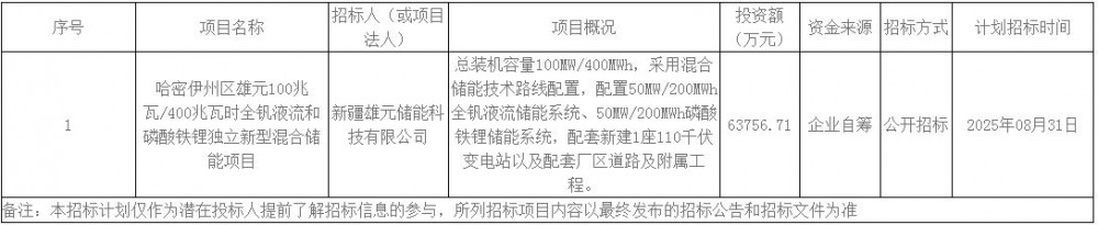 招标 | 新疆哈密伊州区雄元100MW/400MWh全钒液流和磷酸铁锂独立新型混