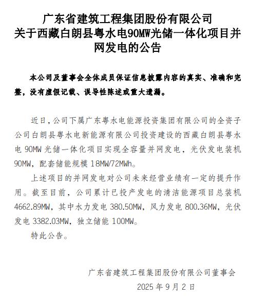 广东建工90MW光储项目并网发电