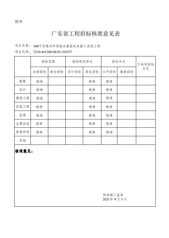 500千伏惠州中洞抽水蓄能电站接入系统工程项目获核准