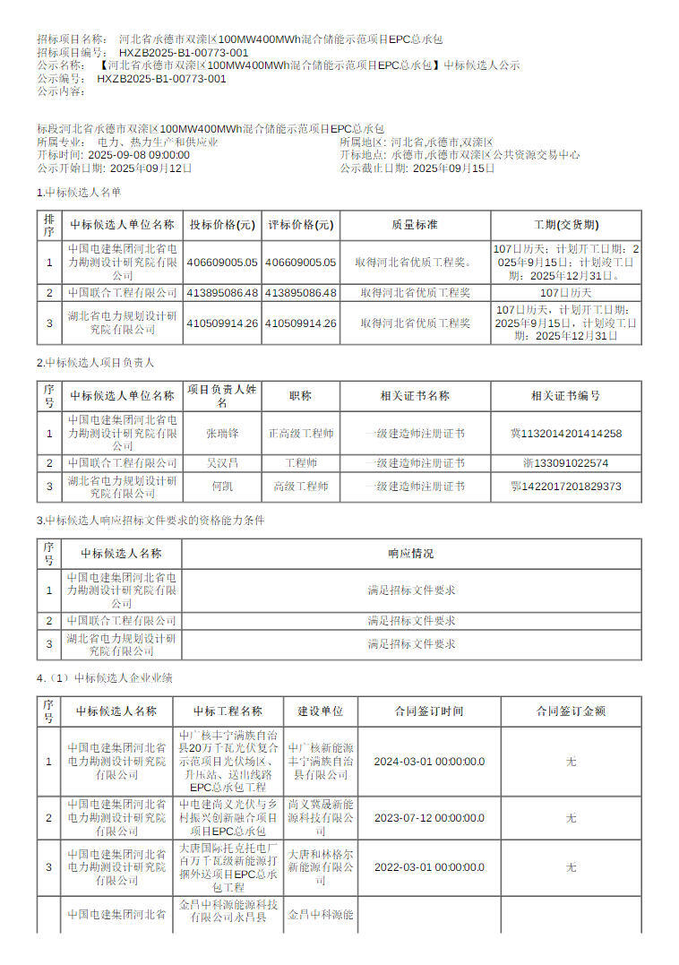 中标 | 1.017-1.035元/Wh！河北承德100MW/400MWh混合储