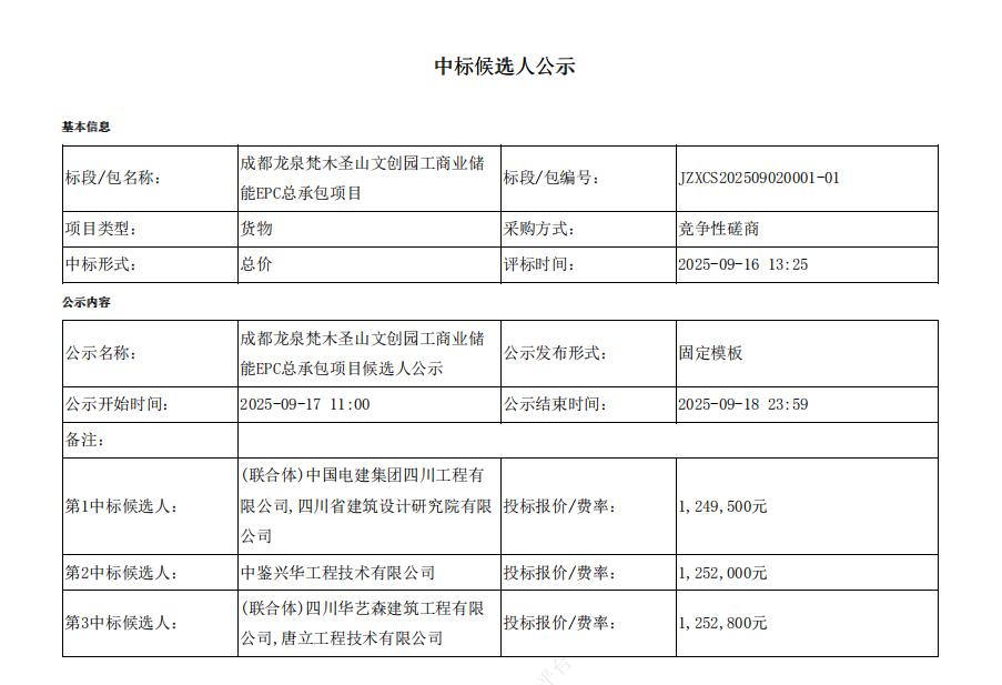 中标 | 0.798~0.8元/Wh！四川成都750kW/1566kWh工商业储