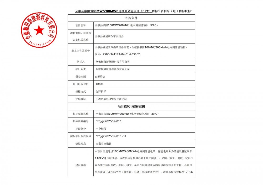 招标 | 安徽滁州100MW/200MWh电网侧储能项目EPC招标