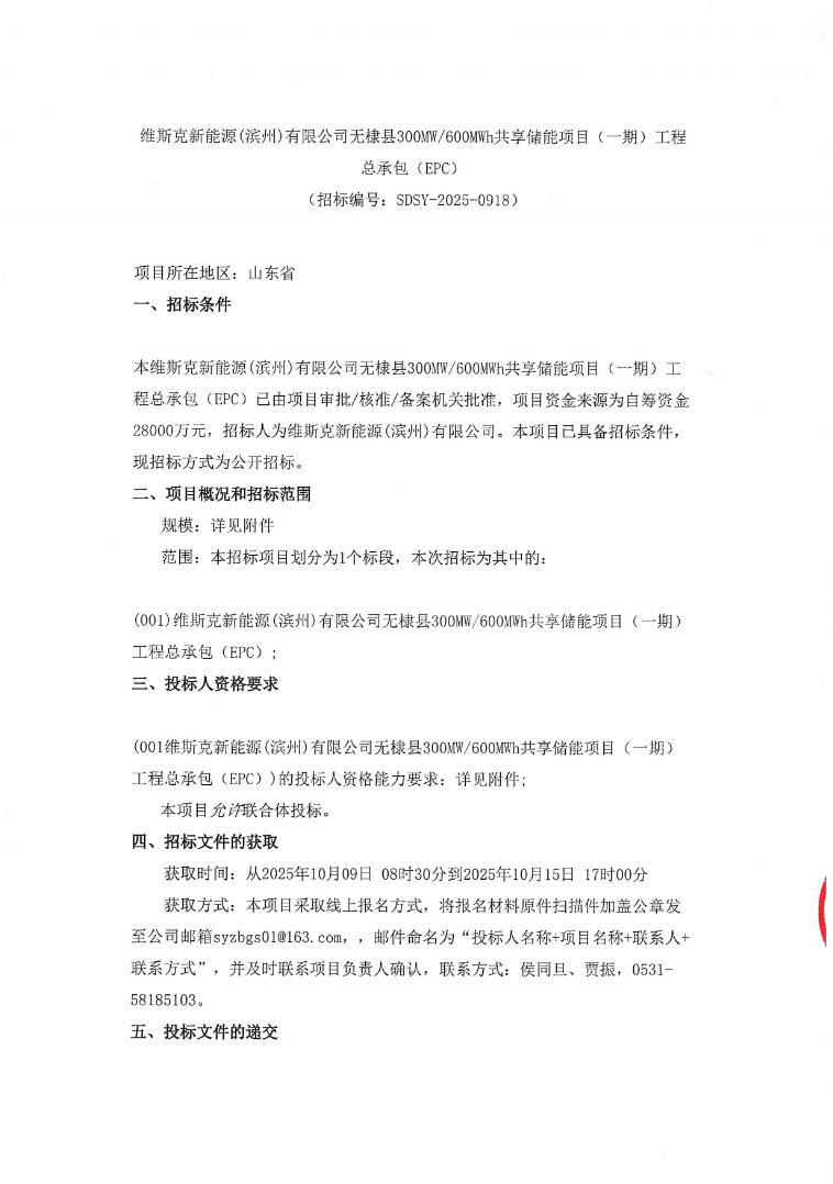 招标 | 磷酸铁锂+全钒液流！山东无棣县100MW/200MWh共享储能项目EP