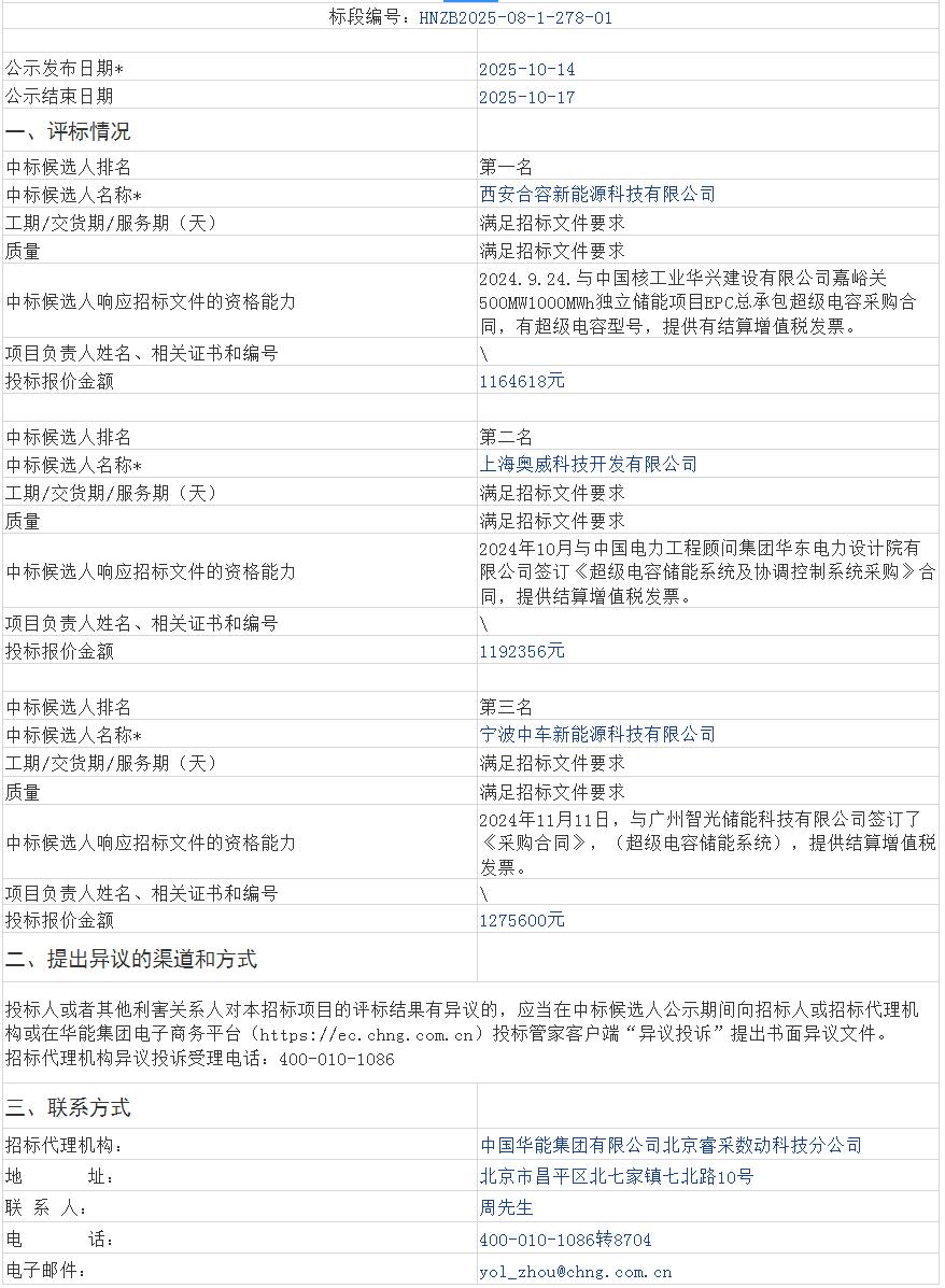 中标 | 合容新能源、奥威科技、中车新能源入围！华能西安热工院科研项目兆瓦级双电