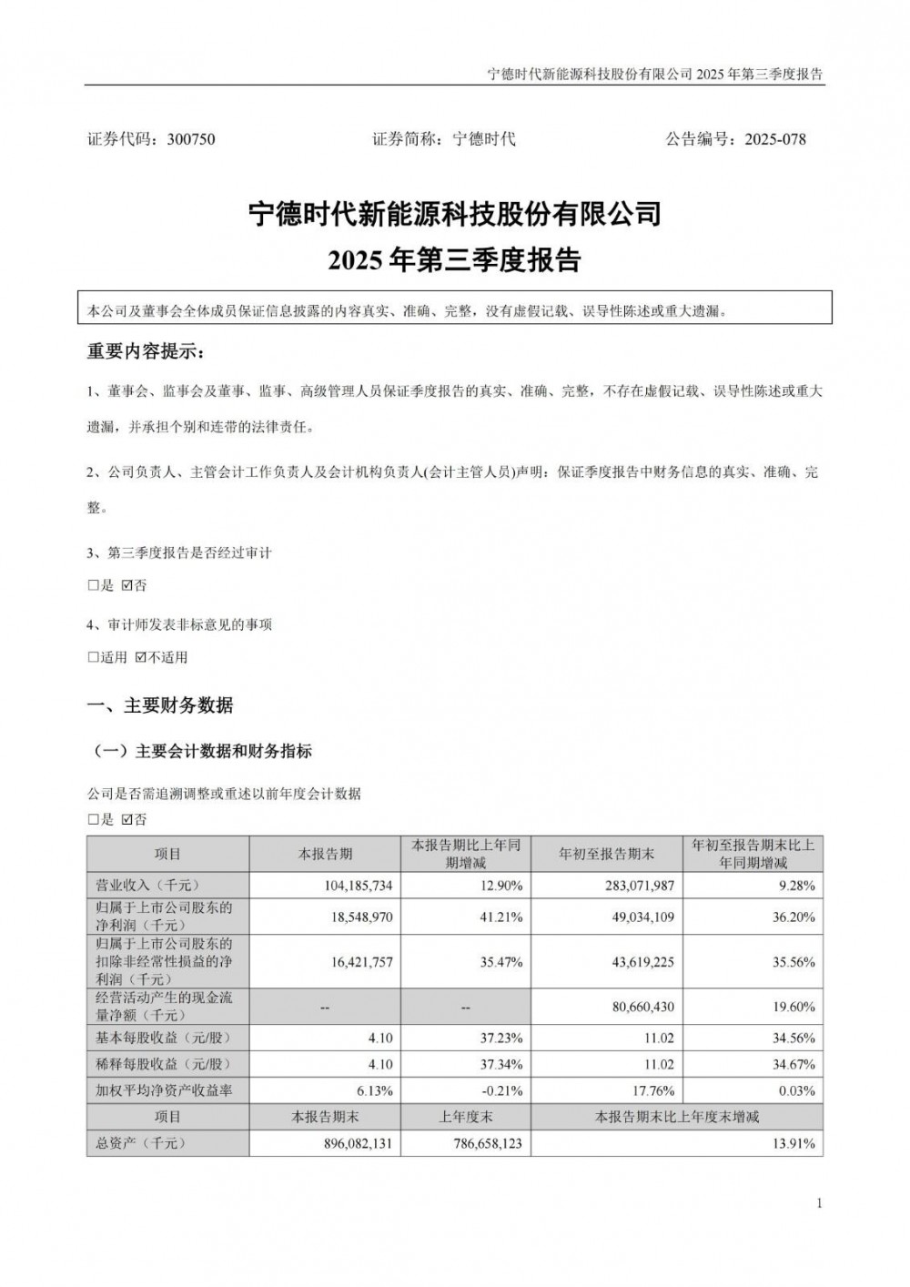 宁德时代2025年三季度营收1042亿元