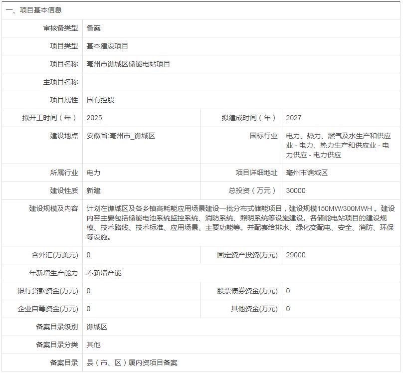 150MW/300MWh！安徽亳州市谯城区储能电站项目备案