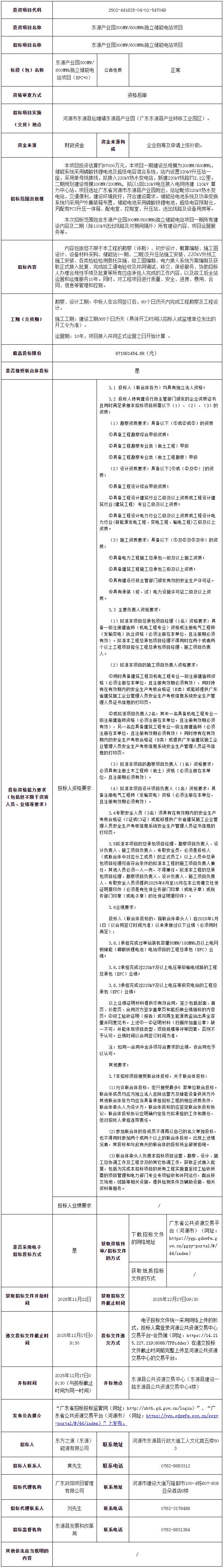 招标 | 广东300MW/600MWh独立储能电站项目EPC+O招标