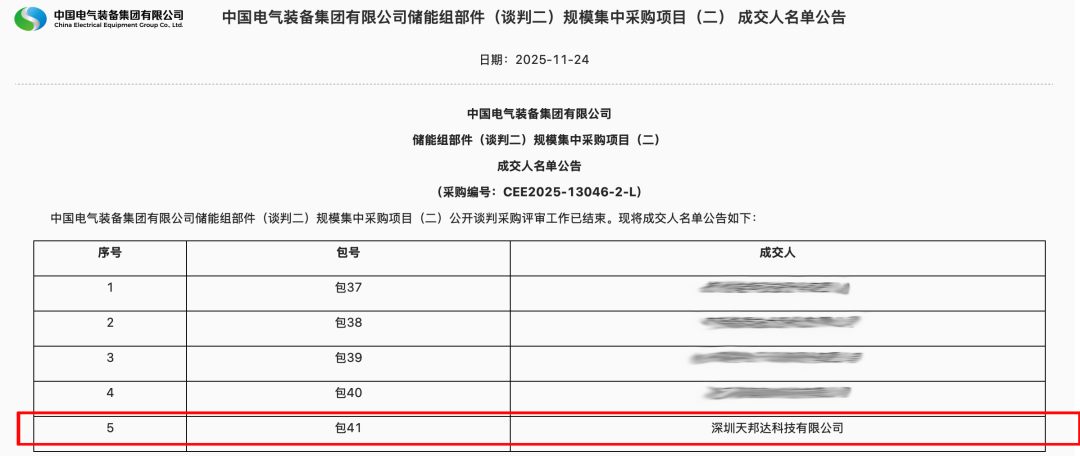 中标 | 天邦达中标中国电气装备超吉瓦时储能项目，电力储能BMS实力获权威认可